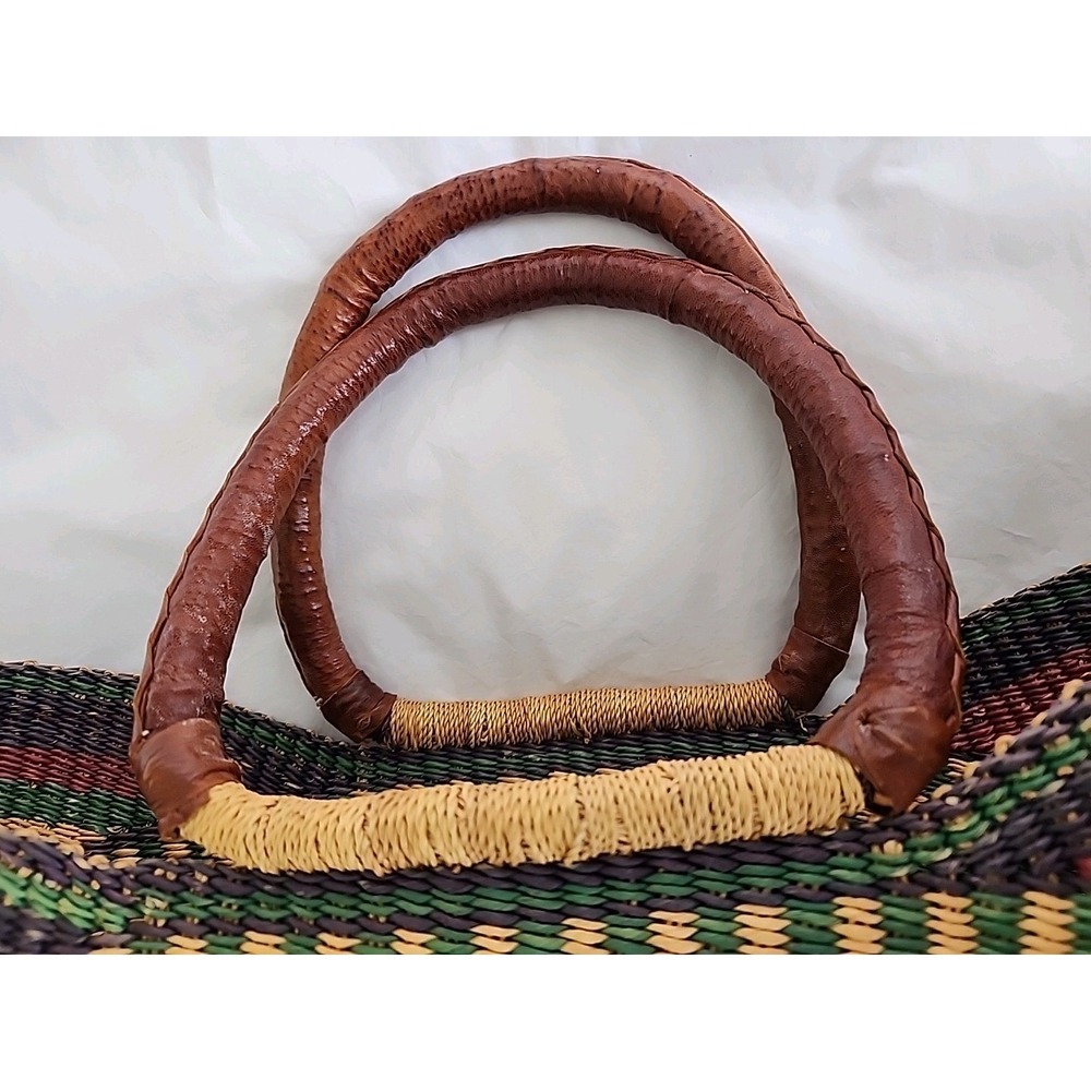 Hand-Woven Artisian Straw & Leather Tote Multicolor U Shopper Market Beach Boho - Picture 6 of 10